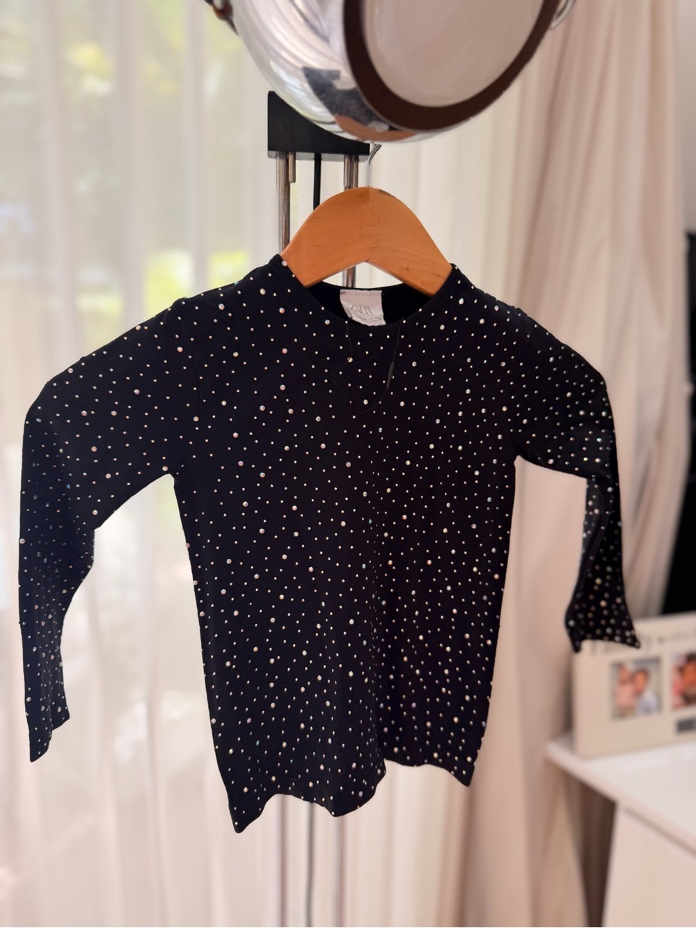 Zara Black Long Sleeve Top with White Polka Dots